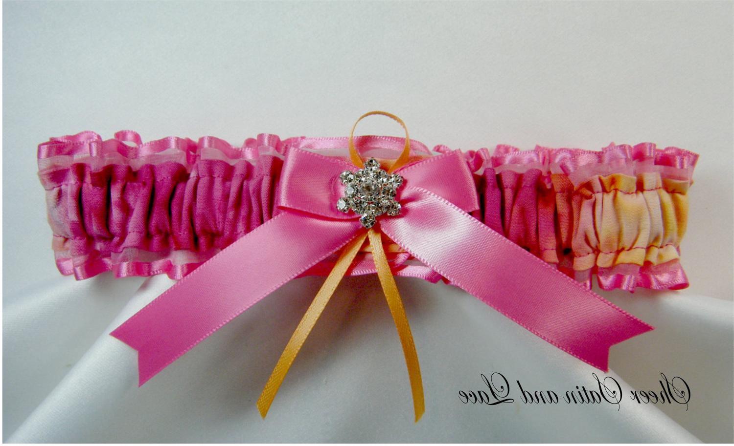 Hot pink and orange Wedding garter rhinestone cluster