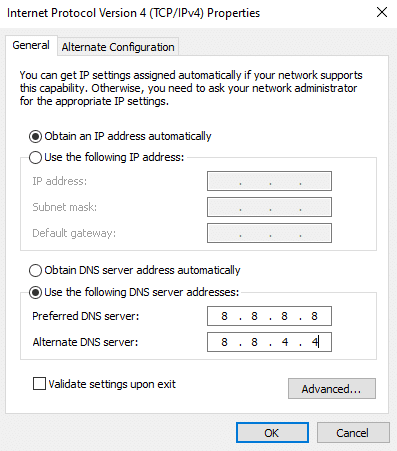 เลือกไอคอน ใช้ที่อยู่เซิร์ฟเวอร์ DNS ต่อไปนี้  แก้ไขอินเทอร์เน็ตหยุดทำงานบน Windows 10