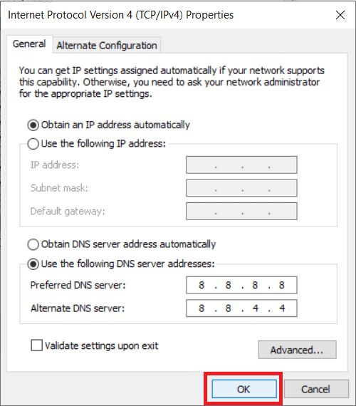 Finally, click on the OK button to use Google DNS or OpenDNS. Fix This site can’t be reached error in Gooogle Chrome