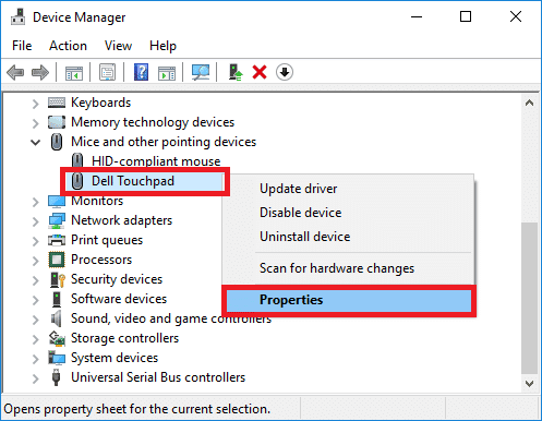 Haga clic con el botón derecho en Dell Touchpad y seleccione Propiedades |  Arreglar el panel táctil de Dell que no funciona