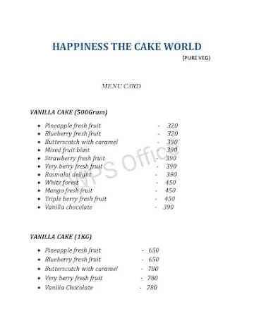 Happiness The Cake World menu 