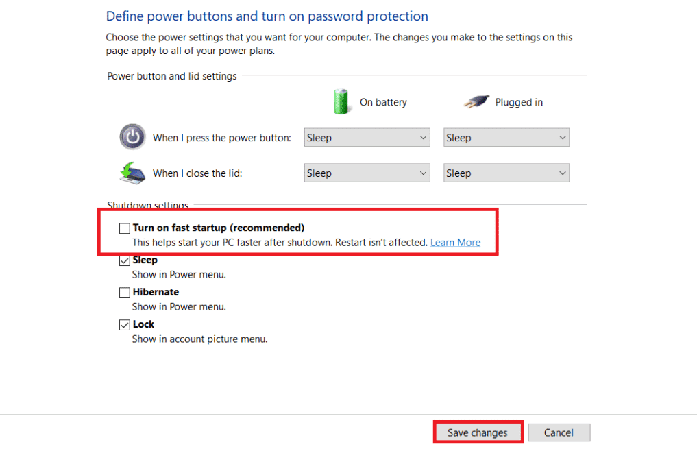 desmarque la casilla Activar inicio rápido y luego haga clic en Guardar cambios como se muestra a continuación.  Reparar solicitud de descriptor de dispositivo USB desconocido falló en Windows 10