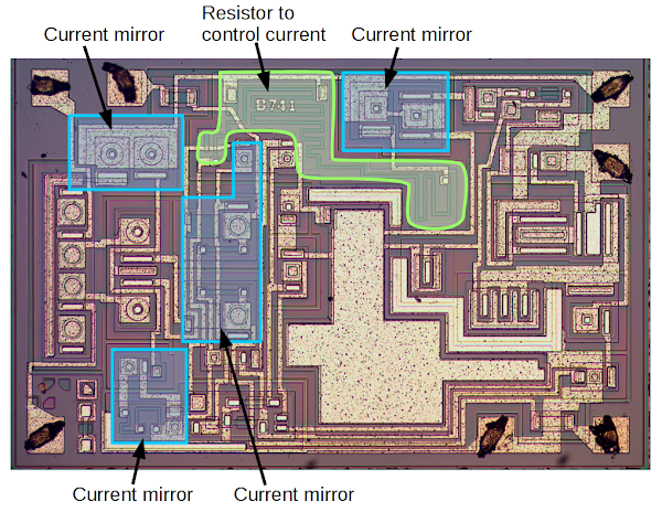 Die for the 741 op amp, showing the current mirrors, along with the resistor that controls the current.