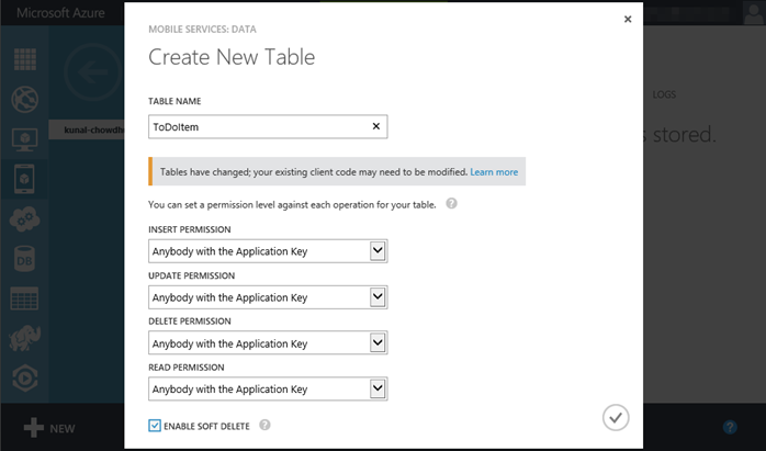 9. Windows Azure - Mobile Service - Create a new table (www.kunal-chowdhury.com)
