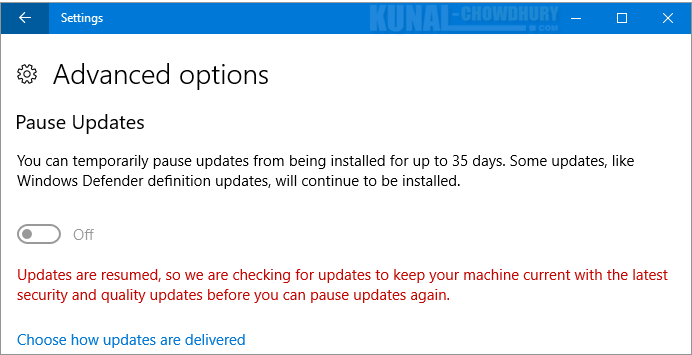 Windows 10 Update Resumed Message (www.kunal-chowdhury.com)