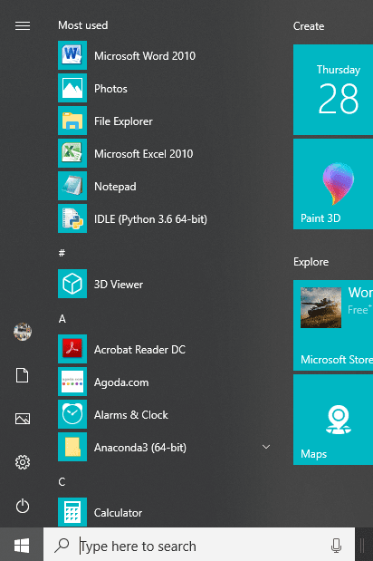 Klik op het startmenu en klik vervolgens op de aan / uit-knop beschikbaar in de linkerbenedenhoek