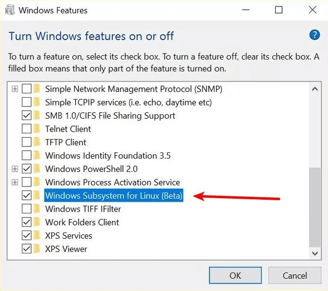 Marque la casilla de verificación junto a Subsistema de Windows para la opción de Linux |  Cómo instalar Linux Bash Shell en Windows 10