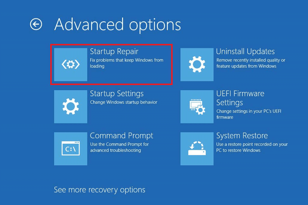 ตอนนี้ คลิกที่ ตัวเลือกขั้นสูง ตามด้วย Startup Repair  วิธีลบรายการที่เสียหายใน Windows Registry