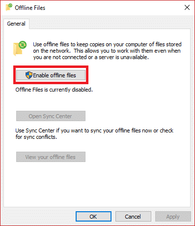 คลิกที่ปุ่มเปิดใช้งานไฟล์ออฟไลน์