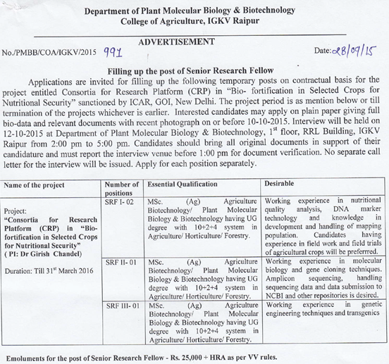 IGKV Raipur Plant Molecular Biology SRF Walk INs