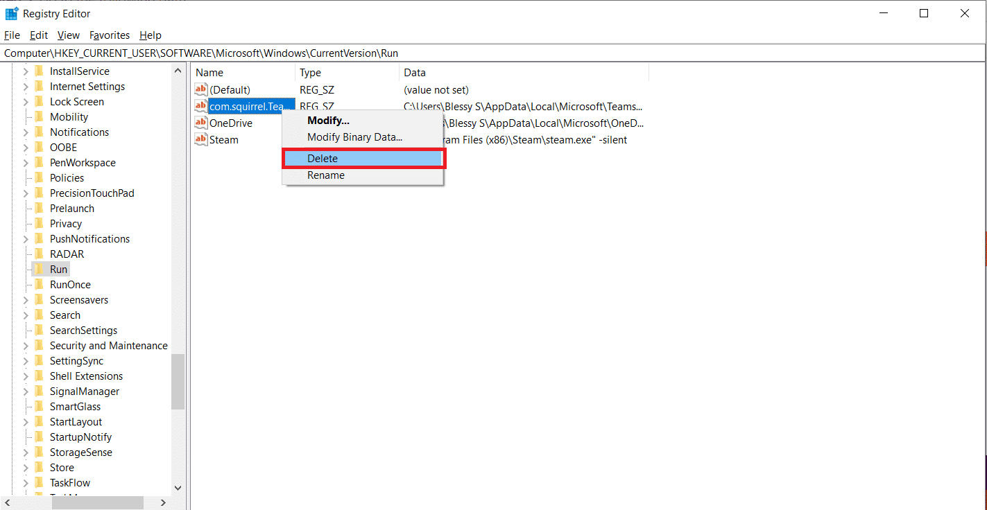 com.squirrel.Teams.Teamsを右クリックし、[削除]を選択します