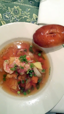 DaNet second course of Fish Ukha with seafood rastegai. The bread is the seafood rastegai with fish mousse inside to accompany the fish stew that boasts crayfish, prawn, salmon and halibut in the broth