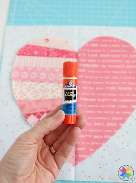 Elmer's Washable school glue is perfect for using with foundation piecing in quilting.  Plus check out this free heart quilt block tutorial by A Bright Corner