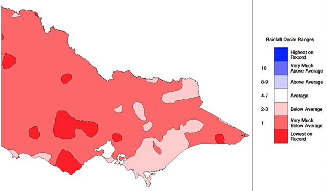 Rainfall deciles for Victoria state in Australia, September 2018. It was the driest September in Victoria since 1914. Graphic: BOM