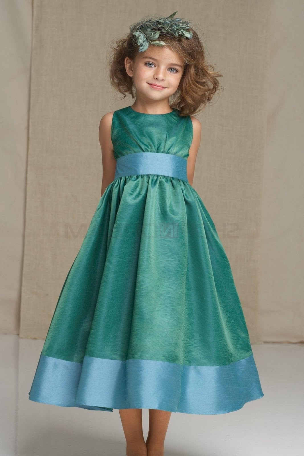 A-line jewel draped ribbon taffeta tea-length green flower girl dress