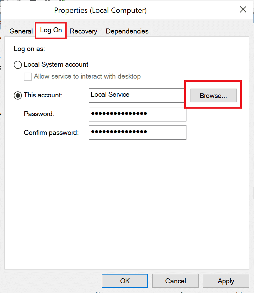 vaya a la pestaña Iniciar sesión en la ventana Propiedades del servicio |  Cómo arreglar Avast Web Shield no se enciende