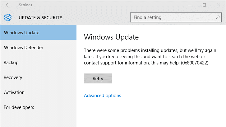 Solucionar el error de actualización de Windows 10 0x80070422