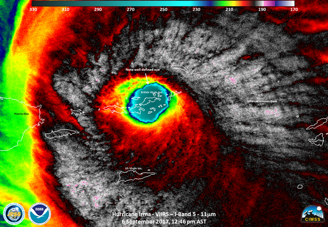 Satellite view of Hurricane Irma over British Virgin Islands, 6 September 2017 Photo: CIMSS