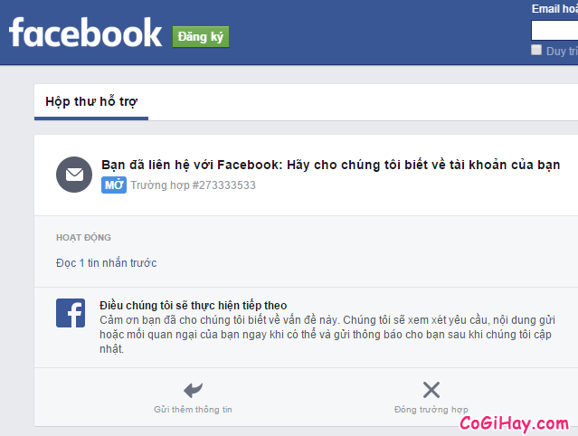 Thông báo gửi yêu cầu khôi phục tài khoản facebook thành công