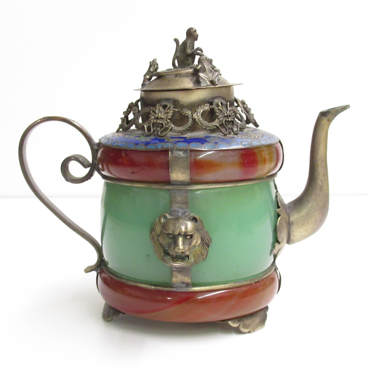 Jade, Carnelian and Cloisonne Antique Chinese Teapot