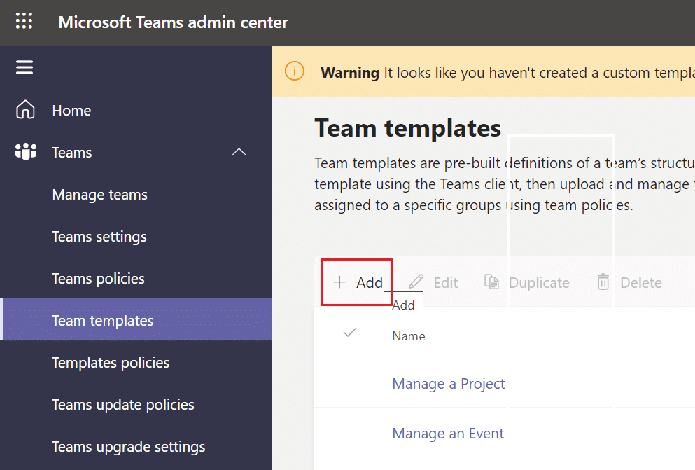 Seleziona Modelli di team dall'interfaccia di amministrazione