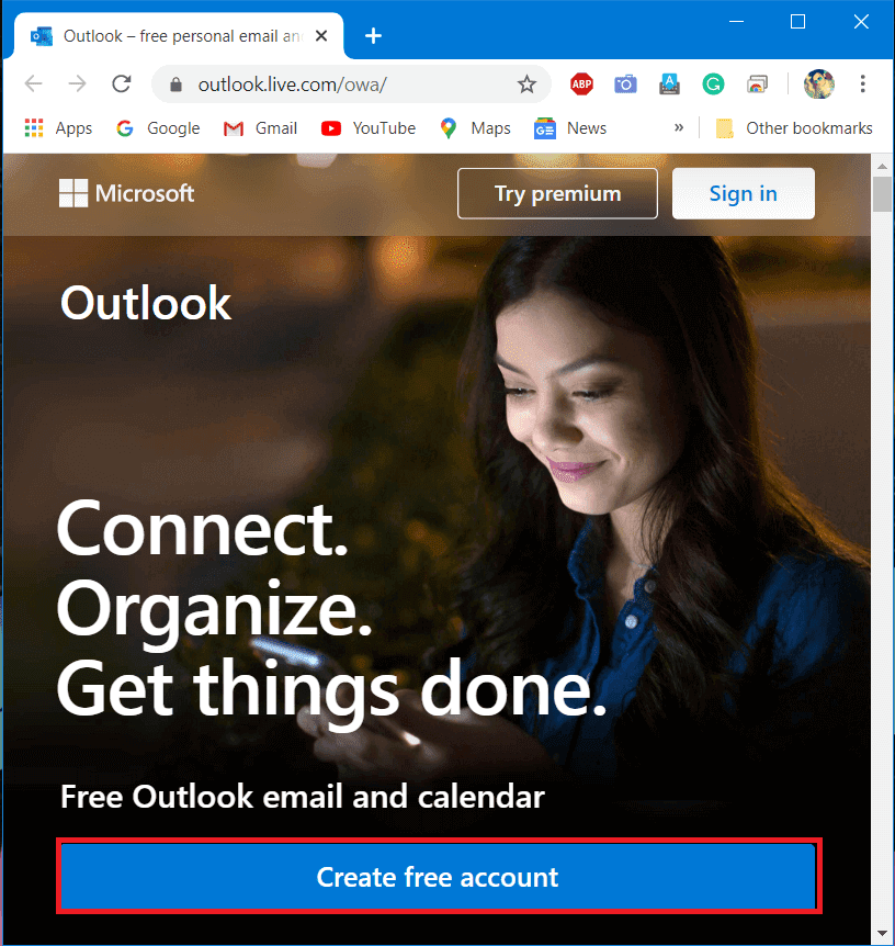 任意のWebブラウザーを開き、Outlook.live.comにアクセスします。[無料アカウントの作成]を選択します。