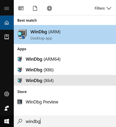 Typ windbg in Windows Search en klik vervolgens op WinDbg (X64)
