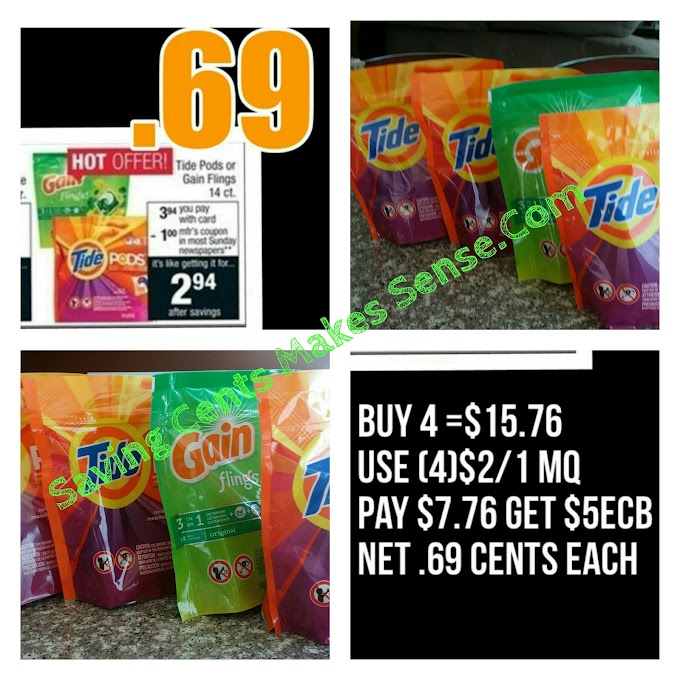 #CVS: #Tide Pods and #Gain Flings #Detergent Only $.69 each