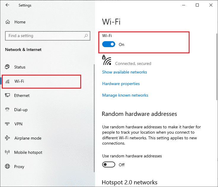 ตอนนี้ในบานหน้าต่างด้านซ้ายคลิกที่แท็บ Wi-Fi และสลับบนปุ่ม Wi-Fi