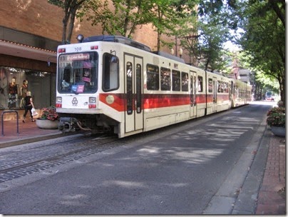 IMG_3542 TriMet MAX Type 1 Bombardier LRV #108 at Pioneer Courthouse Square in Portland, Oregon on September 7, 2008