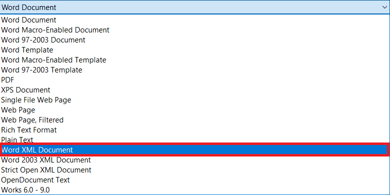 Fare clic su Salva come tipo e selezionare Documento Word XML.