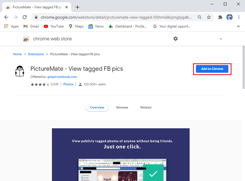 Descargue la extensión PictureMate en su navegador de Google.  |  Ver fotos ocultas en Facebook