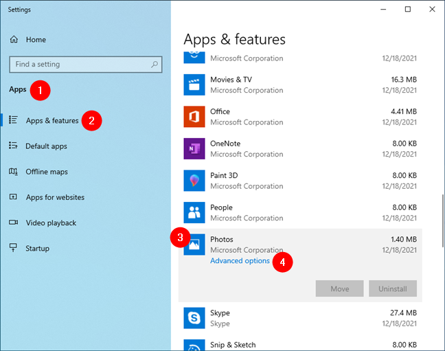 Opciones avanzadas de una aplicación en la configuración de Windows 10