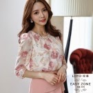 LIYO理優 韓系玫瑰印花七分袖雪紡衫(粉)