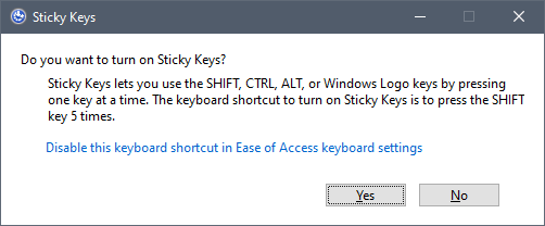 El mensaje "¿Desea activar Sticky Keys?"  ventana de diálogo