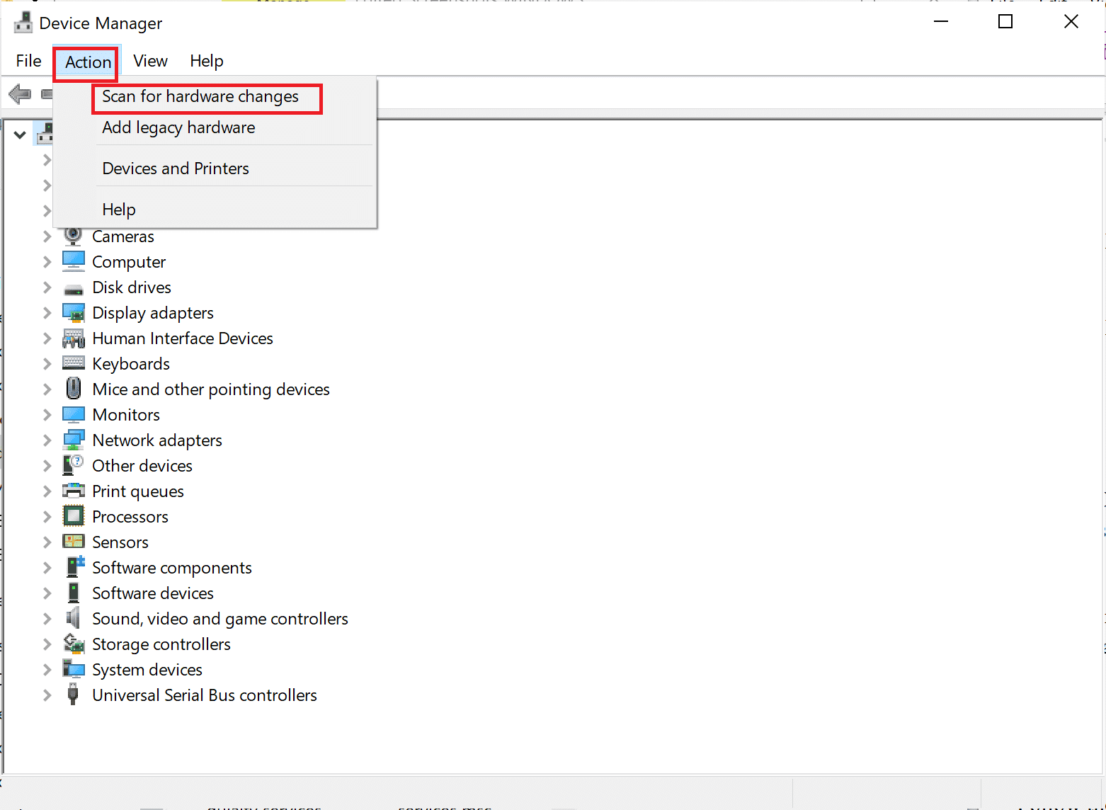 cliquez sur l'onglet Action, puis sélectionnez Rechercher les modifications matérielles |  Correction de la carte graphique non détectée sur Windows 10