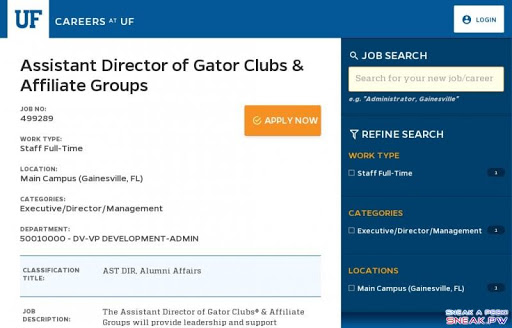                                                              University of Florida - Details - Assistant Director of Gator Clubs & Affiliate Groups                            Toggle navigation                  Careers  at UF                Login                                          Assistant Director of Gator Clubs & Affiliate Groups       Apply now  Job no:   499289   Work type:   Staff Full-Time   Location:   Main Campus (Gainesville, FL)   Categories:   Executive/Director/Management   Department:  50010000 - DV-VP DEVELOPMENT-ADMIN        Classification Title:    AST DIR, Alumni Affairs    Job Description:    The Assistant Director of Gator Clubs® & Affiliate Groups will provide leadership and support annually for the Association's regional volunteer network, specifically; alumni Gator Clubs® and Affiliate Groups. The incumbent will execute the strategies and tactics within the strategic plan to expand the level of engagement to the entire Gator Nation and inspire our volunteer groups to support the University's initiatives. The Assistant Director will also support a variety targeted programs and events that build and engage alumni communities.  Essential Functions:  Assist in the leadership, support, training, and stewardship for the National Gator Club® program and Affiliate Groups; Serve as the staff advisor to a portfolio of clubs and affiliate groups to ensure their success. Assist in the program evaluation process, and participate in strategic and operational discussions. Maintain metrics and reporting for a portfolio of clubs and affiliate groups, and ensure return on investment. Extensive travel to regional areas to engage alumni volunteers and seek stewardship opportunities.  Provide leadership for the planning, organization, execution, and assessment of the annual Gator Club® and Affiliate Group volunteer leaders' conference and award and recognition program to steward volunteers and inspire further engagement. Coordinate ongoing training initiatives with volunteer groups (ex. webinars, conference calls, etc.).  Assist in the planning and coordination of Gator Club®, Affiliate Group, and Alumni Association programs (ex. Welcome to the Gatorhood, Awards Banquets, Reunions, Leadership Conference, Tailgates, Gator Gatherings).  Support the strategy, planning and execution of Affiliate Group reunions and ongoing regional programming. Coordinate the recruitment, identification, selection, and training process for new and re-organizing Gator Clubs® and Affiliate Groups. Lead organizational meetings for potential volunteers.  Coordinate with Office of Admissions and Student and Young Alumni Affairs staff on current and future student recruitment opportunities for Gator Clubs and Affiliate Groups to implement and execute student recruitment programs and opportunities; including coordination of the Send-off Party program, scholarship receptions, recruitment and yield events, managing multiple party details, sorting student lists, designing and printing materials and invitations and following a centralized communication schedule.  Coordinate with Assistant Director of Student and Young Alumni Affairs and Admissions office on student recruiting program and Gator Club® student recruitment activities by recruiting and maintaining list of volunteers, disseminating information, managing centralized communications, recording volunteer activities, and creating and updating student recruiting volunteer handbook.  Serve as primary contact for Gator Club® and Affiliate Group expansion requests. Evaluate new group requests and resources to gauge feasibility for the addition of new groups. Assess the request to identify the benefit of an official club/affiliate alumni group and have a significant impact on membership.  Provide resources for Clubs to effectively allocate budgets and record expenditures. Assist in developing and maintaining accurate budget information for Gator Clubs and Affiliate groups. Develop an understanding of UFAA technology tools, specifically the database system known as Advance; to perform data pulls, queries, reports and creating alumni thumbnails.  Assist in leadership of the alumni volunteer Regional Directors to ensure communications are consistent and timely.  Advise clubs on Board Member, Club Member, and volunteer recruitment and retention; Support Gator Clubs® and Affiliate Groups with the development and improvement of their online presence, email campaigns, talking points, and outbound communications.  Support UFAA events including but not limited to Homecoming/Gator Growl, Gator Day at the Capital, Gator Nation Tailgates, Grand Guard, Outstanding Young Alumni weekend, etc.  Work with Development staff to identify prospects in regional areas.    Advertised Salary:    Compensation is competitive and commensurate with education and experience.    Minimum Requirements:    Master's degree in an appropriate area of specialization; or a bachelor's degree in an appropriate area of specialization and one year of relevant experience.    Preferred Qualifications:    The ideal candidate will possess:  Two to three years of relevant experience in successful higher education program work in alumni relations, development, or marketing/communications is strongly preferred. Experience communicating with engaging and supporting multiple and diverse communities. Experience with event planning, and with volunteer management and/or customer service. Must be an outstanding communicator and possess excellent written and oral communication skills; interpersonal skills; must be a self-starter; and the ability to work collegially and interact effectively with diverse constituencies inside and outside the university. Public speaking experience desired. Detail-oriented and the ability to communicate well verbally and in written form and able to build relationships effectively with a diverse community of alumni and a variety of campus partners. The ability to learn databases, email marketing tools, and other web-based platforms. An appreciation for and track record of active support of diversity in the workplace in all its forms; proven success working with volunteers; excellent strategic planning and project management skills; experience in a data-driven environment; organizational skills; and the ability to lead, influence and motivate others are required. Accuracy, attention to detail, a customer service-oriented attitude; and the ability to work in a complex organization are necessary for success in this position. The incumbent should be computer proficient in these areas: Windows, Microsoft Word, Microsoft Excel, Microsoft Access, internet browsers, preferably Internet Explorer, E-mail and social media. The ability and willingness to travel are necessary. A valid driver license and good driving record are essential.*  *Business expenses are reimbursed through a standard accounting system.  The ability to pay for expenses using your own personal credit card or funds and have them reimbursed is essential.    Special Instructions to Applicants:   In order to be considered for this position, applicants must upload a Résumé, Cover Letter, and List of Three References.   Health Assessment Required:   No          Advertised:    24 Oct 2016 Eastern Daylight Time   Applications close:    07 Nov 2016 Eastern Standard Time     Back to search results     Apply now       Share this:                                 |        More         Search results       Position    Department    Location    Closes        Assistant Director of Gator Clubs & Affiliate Groups      50010000 - DV-VP DEVELOPMENT-ADMIN      Main Campus (Gainesville, FL)       7 Nov 2016     The Assistant Director of Gator Clubs® & Affiliate Groups will provide leadership and support annually for the Association's regional volunteer network, specifically; alumni Gator Clubs® and Affiliate Groups. The incumbent will execute the strategies and tactics within the strategic plan to expand the level of engagement to the entire Gator Nation and inspire our volunteer groups to support the University's initiatives. The Assistant Director will also support a variety targeted programs and events that build and engage alumni communities.             Campaigns    Loading...      Current Opportunities       Position    Department    Location    Closes        Assistant Director of Gator Clubs & Affiliate Groups      50010000 - DV-VP DEVELOPMENT-ADMIN      Main Campus (Gainesville, FL)       7 Nov 2016     The Assistant Director of Gator Clubs® & Affiliate Groups will provide leadership and support annually for the Association's regional volunteer network, specifically; alumni Gator Clubs® and Affiliate Groups. The incumbent will execute the strategies and tactics within the strategic plan to expand the level of engagement to the entire Gator Nation and inspire our volunteer groups to support the University's initiatives. The Assistant Director will also support a variety targeted programs and events that build and engage alumni communities.         Powered by PageUp          Job search          e.g. 