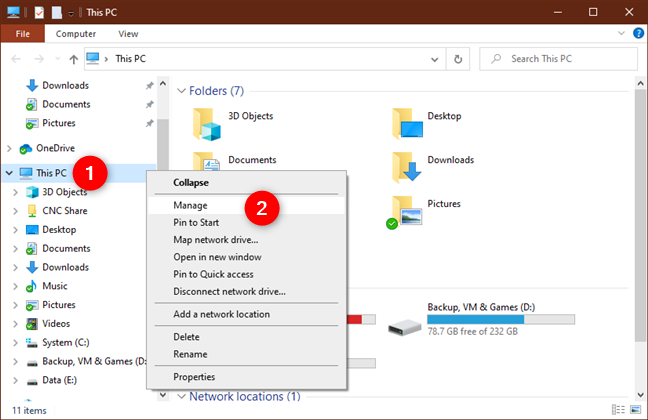 ตัวเลือก Manage จากเมนูคลิกขวาของ PC นี้