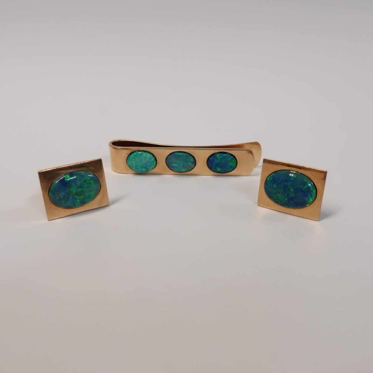 14K Gold and Opal Cuff Link & Tie Clip Set