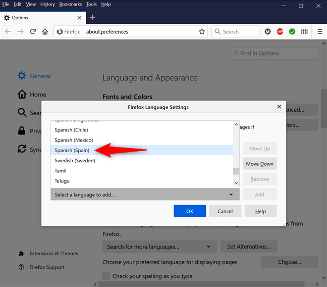 Выберите язык, который вы хотите использовать в Firefox