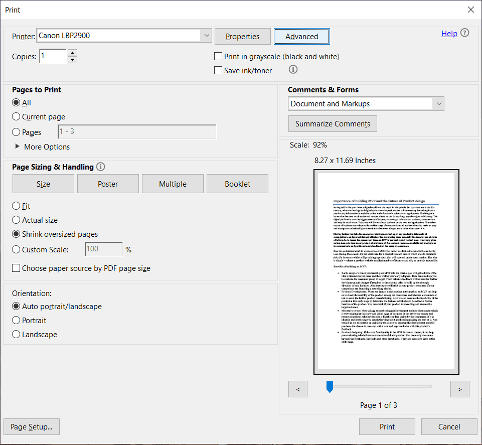 Klik in het afdrukvenster op de knop Geavanceerd