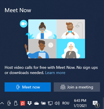 Opzioni Meet Now in Windows 10