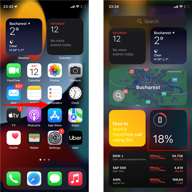 Deslice el dedo hacia la derecha para acceder a la página Widgets y busque el widget de batería