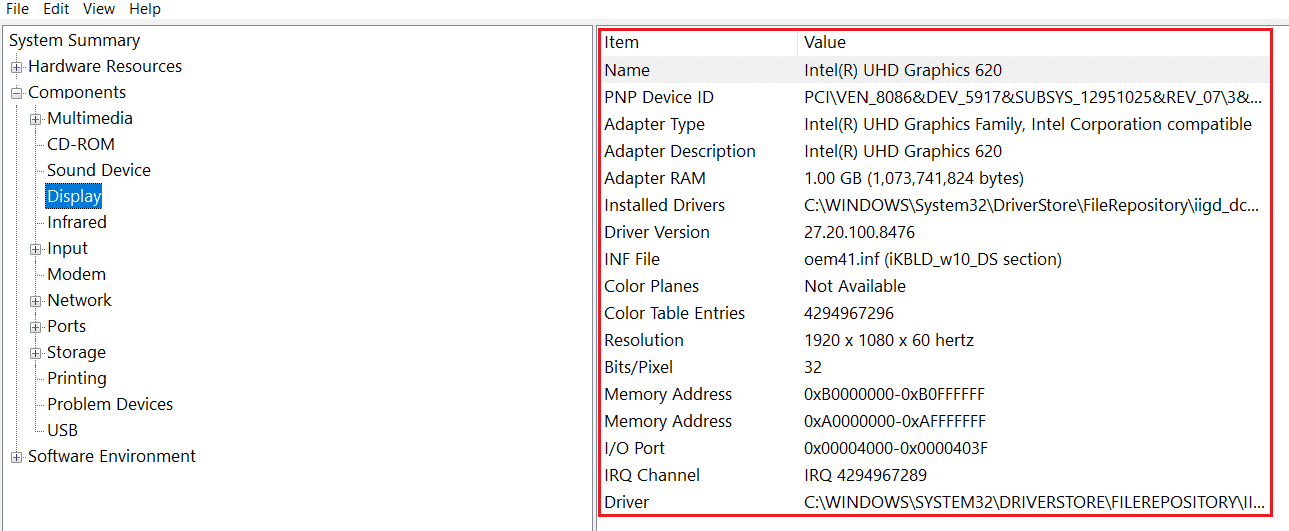 click on display components to view details in system information window