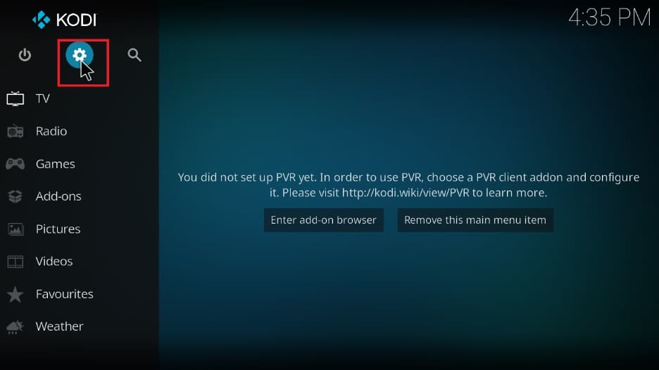 Haga clic en el ícono de ajustes para abrir Configuración.  Cómo arreglar Kodi sigue fallando al iniciar