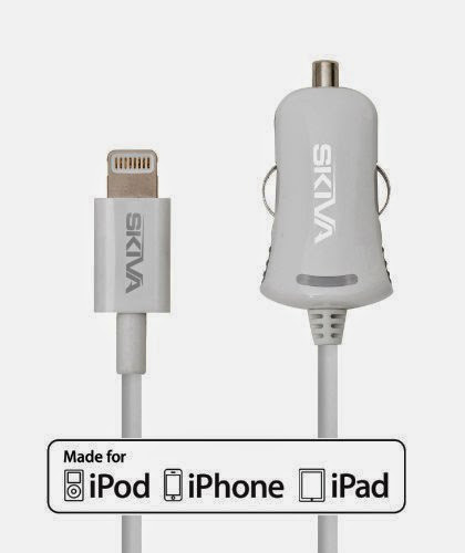  Skiva Car Charger with 8-Pin Lightning Cable (Apple Certified with 2.1 Amps / 10 Watt output) for iPhone 5, iPad (4th Gen), iPad mini, iPod touch (5th Gen), and iPod nano (7th Gen) (Model: PowerFlow Lightning Fire C-1)