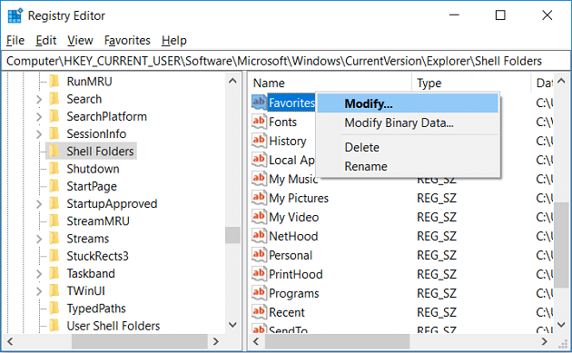 คลิกขวาที่รายการโปรด จากนั้นเลือก Modify