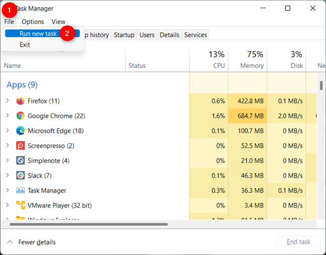 Premi su Esegui nuova attività dal menu File