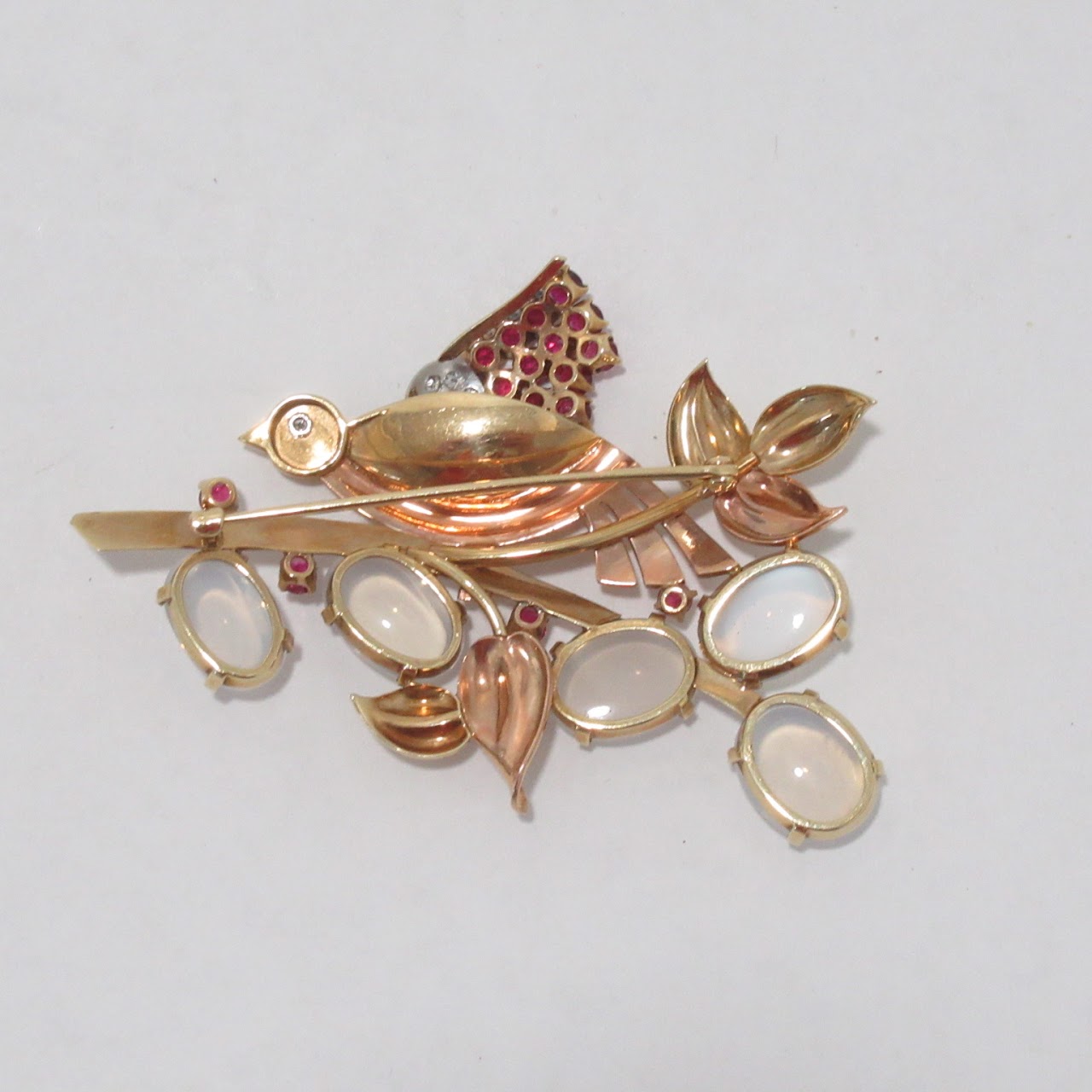 14K Gold Bird Diamond & Ruby Stone Pin