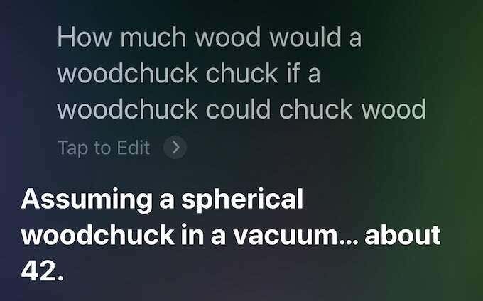 Siriの応答：真空中で球形のウッドチャックを想定すると…約42。」